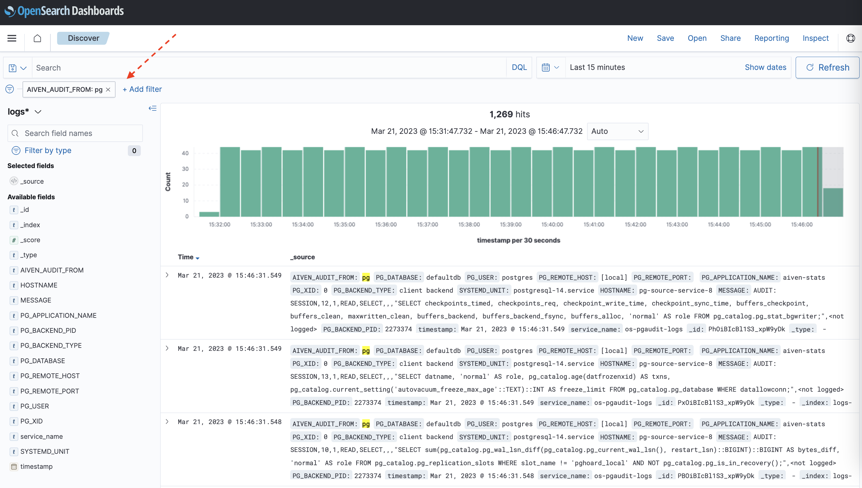 PgAudit logs in OpenSearch Dashboards